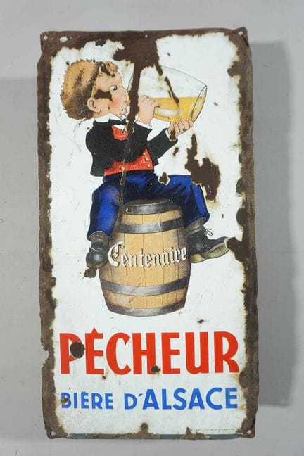 搪瓷牌
品牌：Pècheur 阿尔萨斯啤酒
价格：-
搪瓷厂：斯特拉斯堡阿尔萨斯搪瓷厂
尺寸：高60