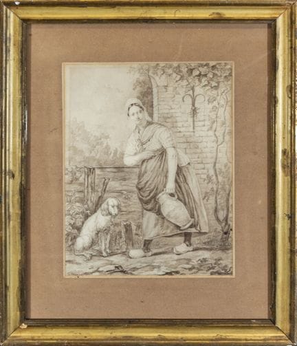 Frauenfigur mit Hund, C. BISSCHOP, signiert – Fläm
