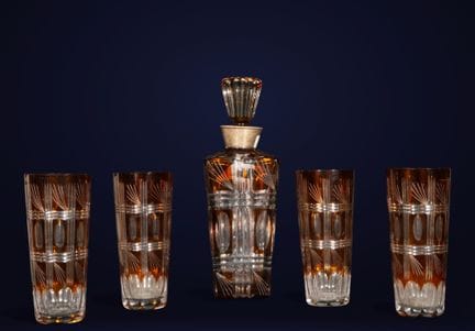 Liquor decanter and 4 whiskey glasses in Bohemian 