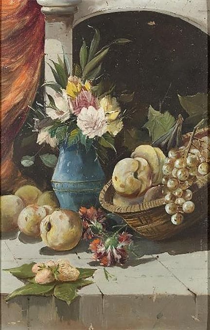 Stilleben mit Blumen und Früchten, signiert Jardin