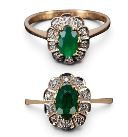 14-Karat-Goldring mit grünem Quarz und Diamanten, 
