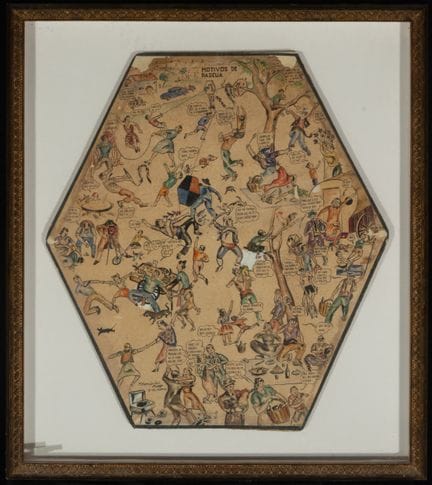 复活节图案，签名，西班牙画派，20 世纪
纸面水墨画。六角形构图，画面上分布着众多运动中的人物，呈现