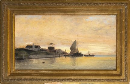 《有帆船的海岸风景》——欧洲画派——19世纪
木板油画。作品尺寸：46 × 25 厘米。带画框尺寸：