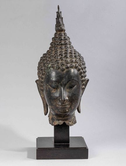 Großer, dekorativer Buddha-Kopf – Bronze. Thailand