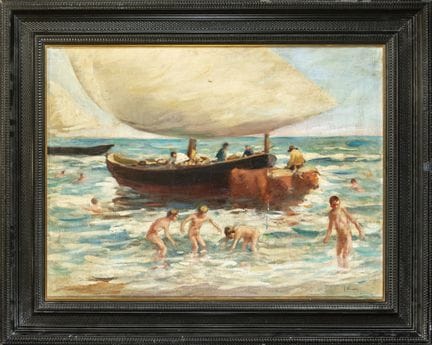 Badende neben einem Segelboot – J. NAVARRO – Spani