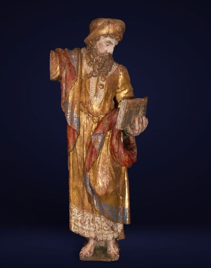 BEDEUTENDE HOLZSKULPTUR DES APOSTELS JAKOB – Roman