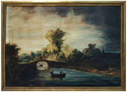 Flusslandschaft mit Brücke und Boot – Mitteleuropä