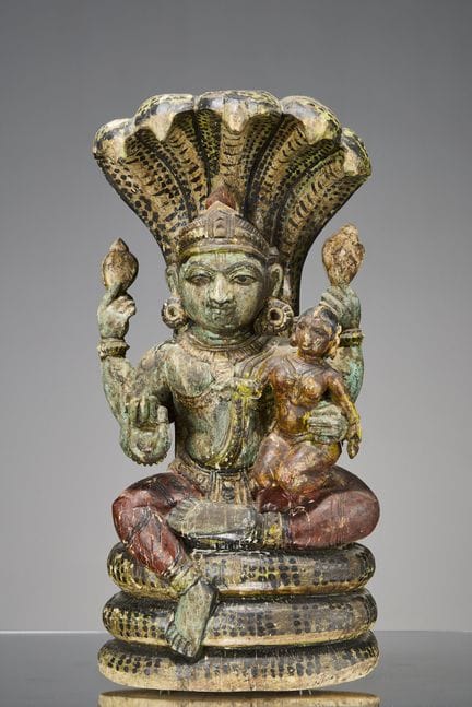 VISHNU ET LAKSHMI SCULPTÉS DANS LE BOIS, INDE, XIX