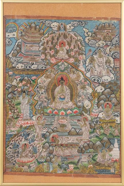 (R) UNE THANGKA DU XXe SIÈCLE REPRÉSENTANT DES SCÈ