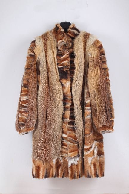 Fox fur coat with two fur hoods. Fur sewn lengthwi