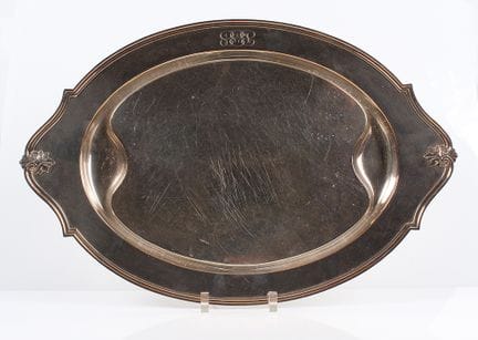 Large tray. Silver-plated. Oval shape with leaf de
