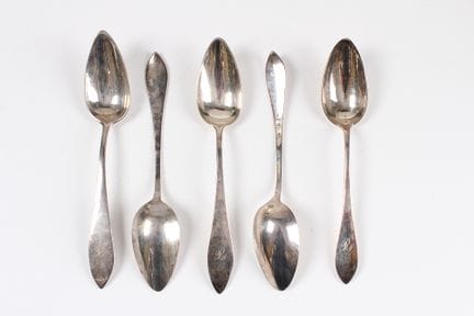 Five soup spoons. Silver, 13 lot. Monogram. Weight