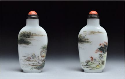 EINE EMAILLIERTE WEIßE GLAS-SNUFFFLASCHE DER „FAMI