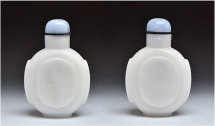 UNE BOUTEILLE À TABAC EN ARAGONITE BLANCHE SCULPTÉ