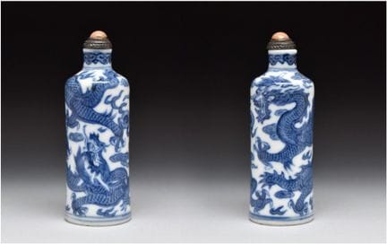 EINE BLAU-WEIßE PORZELLAN-SNUFFFLASCHE MIT „DRACHE