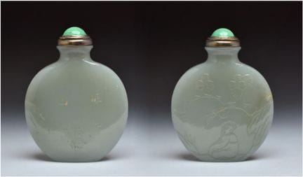 UNE BOUTEILLE À TABAC EN JADE CÉLADON SCULPTÉ, 176