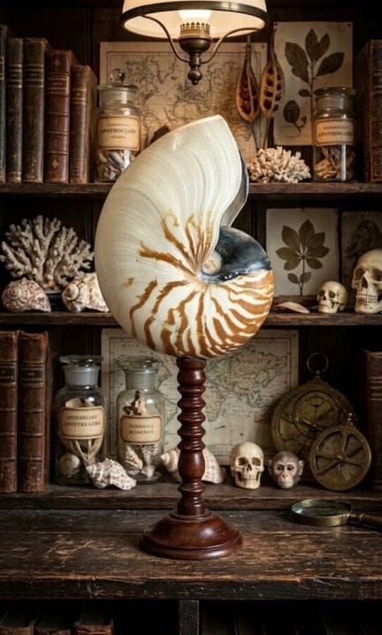 Nautilus shell mounted on a natural wood base 
H. 