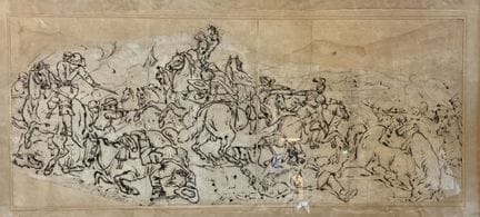 War Scene 
Preparatory pen-and-ink sketch mounted 