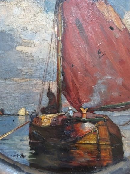 Sander.- Segelschiff mit rotem Segel. Öl auf Keram