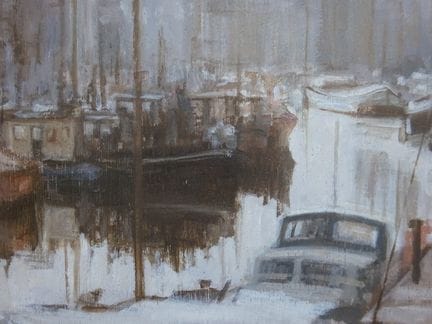 MLW (Monogramm). Kanal mit vielen Booten und Stadt