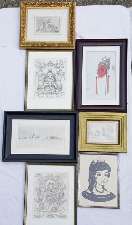 装裱素描、水彩画及版画收藏集：《牛车乡村景致》，纸本炭笔画，左下角署名“Biggo B. Jacob