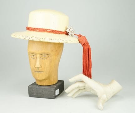 Wig head, hat stand, and hand model—3 pieces. Carv
