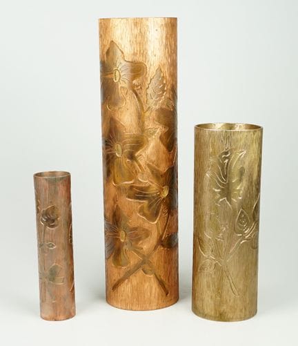 3 vasi da ikebana in metallo, anni ’60/’70: 2 in r