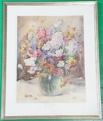 霍普，埃尔莎（1901年出生于哥廷根——1992年）：《盛放夏花的花卉静物画》。水彩与铅笔绘于硬质纸