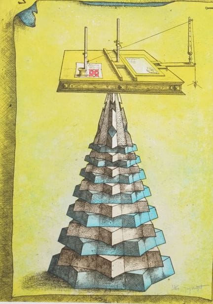内策特，约尔格（1942）： 《巴比伦的计算机》，约1970年，手工纸上的彩色丝网版画，裱于硬纸板上