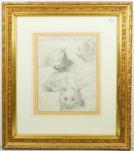 《猫》研究 石墨纸本，画面上部标有“1/6 1901”并注明日期，25 × 19.5 厘米，配有裱板