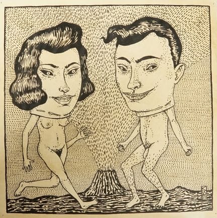 卡斯滕·魏茨曼（1961年出生于埃尔福特）：《火山上的舞蹈》 黑色墨水与铅笔绘于纸板上，原作画面上标