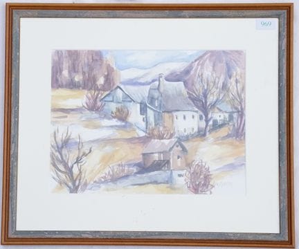 署名不详：冬季前阿尔卑斯山景观 水彩与铅笔画，纸本，右下角署名不详，装裱于带裱板并覆有玻璃的画框内，