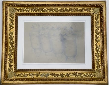 维克曼，赖纳：《牛奶罐与木屐》，1972年。棕色纸上铅笔画，左下角签名并标注1972年，装裱于带护边