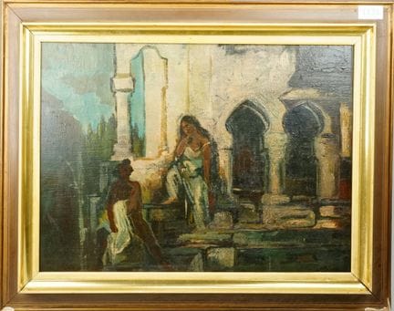 作者不详：以东方建筑为背景的情侣场景，20世纪。梅森板油画，38 x 50 厘米，右下角有难以辨认的
