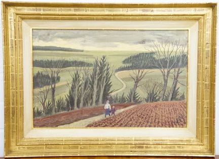 署名“KB”的画家：新客观主义风格风景中的妇人与孩童，1953年，布面油画，46 x 70 厘米，右