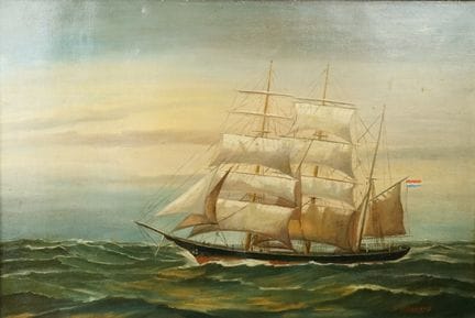作者不详：海上荷兰三桅船 布面油画，右下角有笔迹模糊的签名（F. Wanrooij？），40 x 6