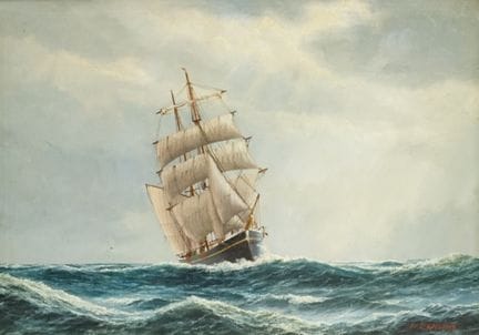 埃尔恩伦德，弗雷德里克（1879年出生于欧登塞——1957年逝于弗雷德里西亚）： 一对海景画《迎风航