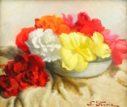 斯托里，何塞（1899—1961，比利时）：《花卉静物》木纤维板油画，右下角签名，背面有艺术家手写笔