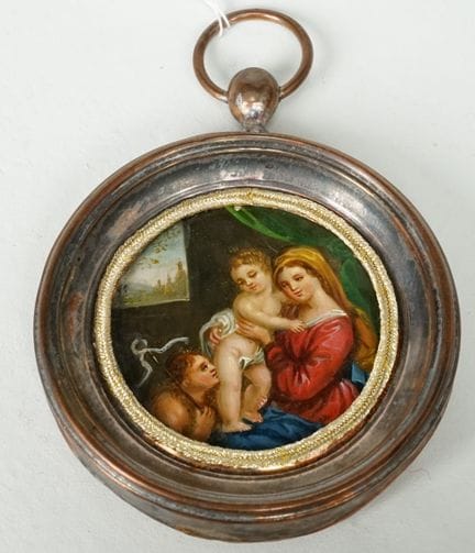Sacra Famiglia. Miniatura circolare, olio su rame 