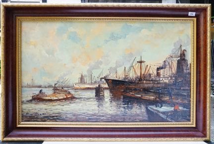 Scena portuale olandese. Olio su tela, firmato in 