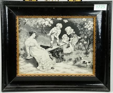 摩根，弗雷德里克（据）（1847/56年伦敦——1927年同地）：丝绸刺绣《跷跷板上的儿童嬉戏》。以