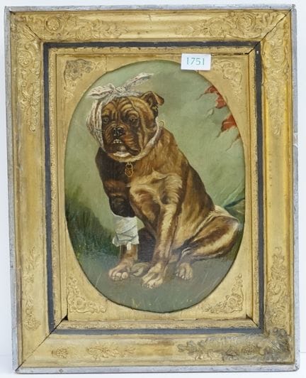 （19世纪）《受伤的斗牛犬》 布面油画，画布粘贴于胶合板上，因此略有卷曲，表面泛黄，约35×25厘米