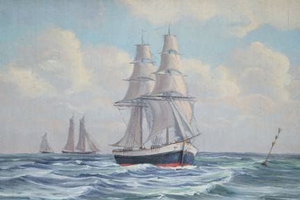 伦德（Lund），A.：《双桅船海景》，20世纪前三分之一时期。布面油画，右下角签名（连写体），49