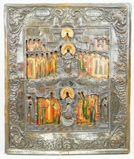 镶银框的俄罗斯圣像，约1843年，蛋彩画绘于木板上，金底彩绘，题为“圣母的庇护与代祷”， 银框采用锤