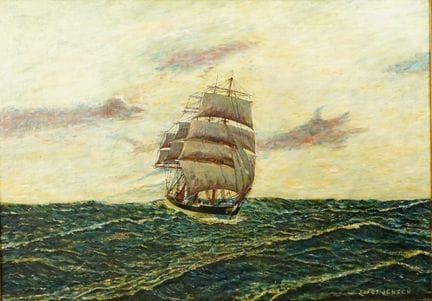 延森，索福斯：《公海上的三桅帆船》 布面油画，右下角签名“Sofus.Jensen”，35 x 50