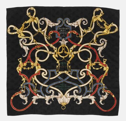 HERMES
Broche silk scarf, “L'instruction du Roy en
