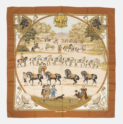 HERMES
Silk twill scarf, “Horse Presentation” desi
