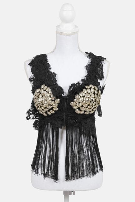 REINHARD LUTHIER
Black lace bustier with fringe an