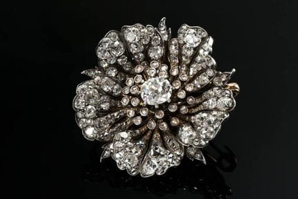Broche antique en or rose 585 et argent, ornée d'u