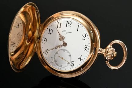 3盖 Longines 玫瑰金 585 Savonette 怀表，表冠上链， 锚式机芯，白色珐琅表盘
